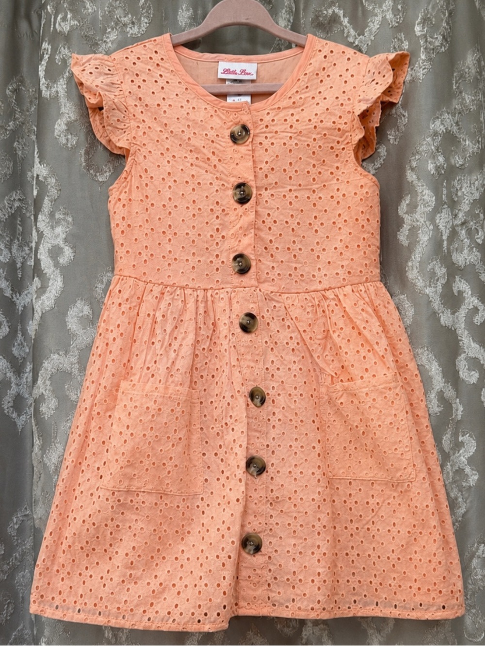 Little Lass Peach Eyelet Button-Down Dress Size 6